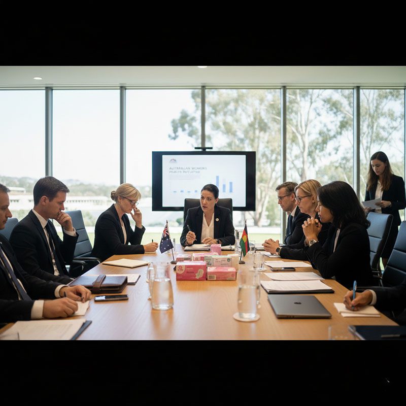 Discussion panel for the Australian 'Free Period Products' government program, selecting Reyeah's smart open-door cabinets for nationwide distribution of women's health supplies