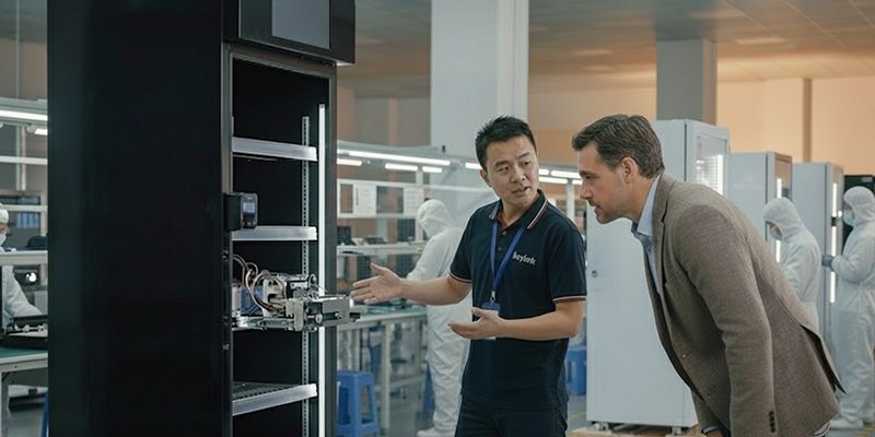 Visite de l’usine Reyeah par un distributeur américain examinant un prototype de réfrigérateur intelligent X13