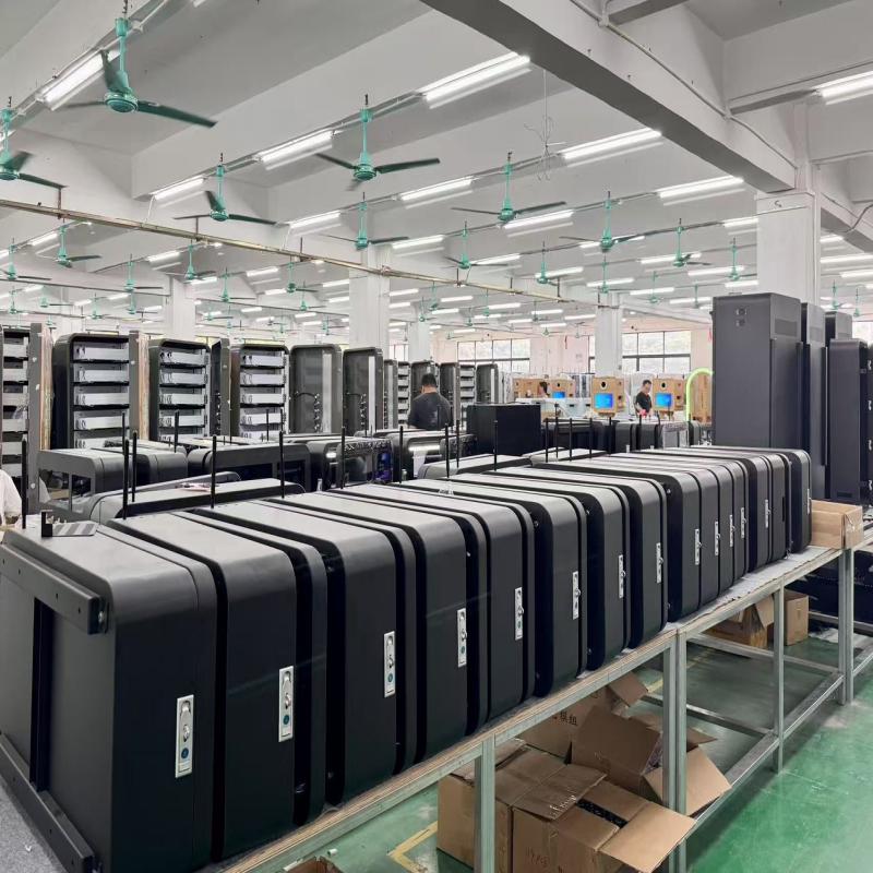 Reyeah factory floor showing rows of smart vending machine chassis ready for assembly and mass production