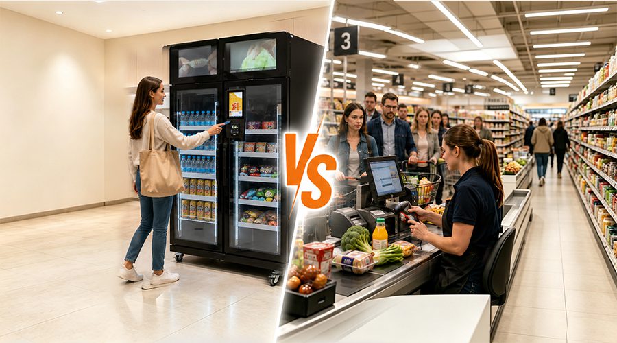 micro market is self-service retail setup with smart coolers, shelves and cashless checkout，micromercado