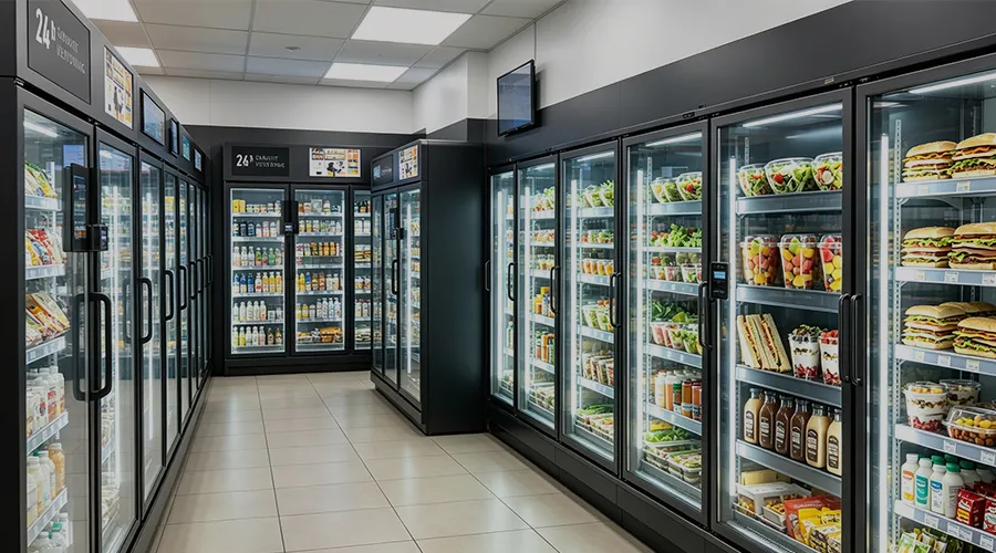 Modern office micro market with cashless self-service retail and AI smart cooler,micromercado para oficinas