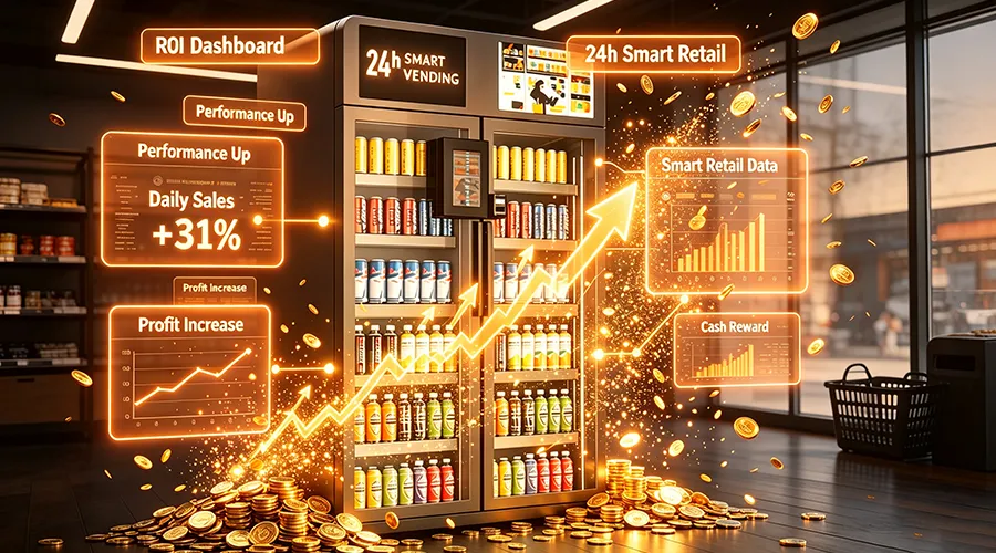 Smart micro market with cashless checkout, refrigerated displays and remote inventory management,tienda inteligente vs vending