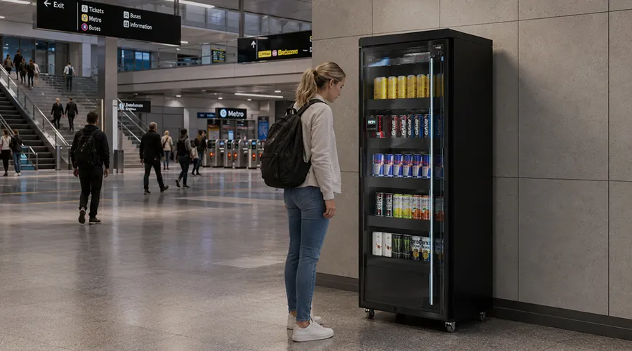 Cliente usando una máquina expendedora para micromercado con pago sin efectivo