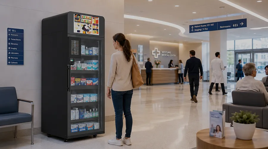 Micro markets vending workflow from customer entry to AI-powered cashless checkout,micromercados con maquinas expendedoras