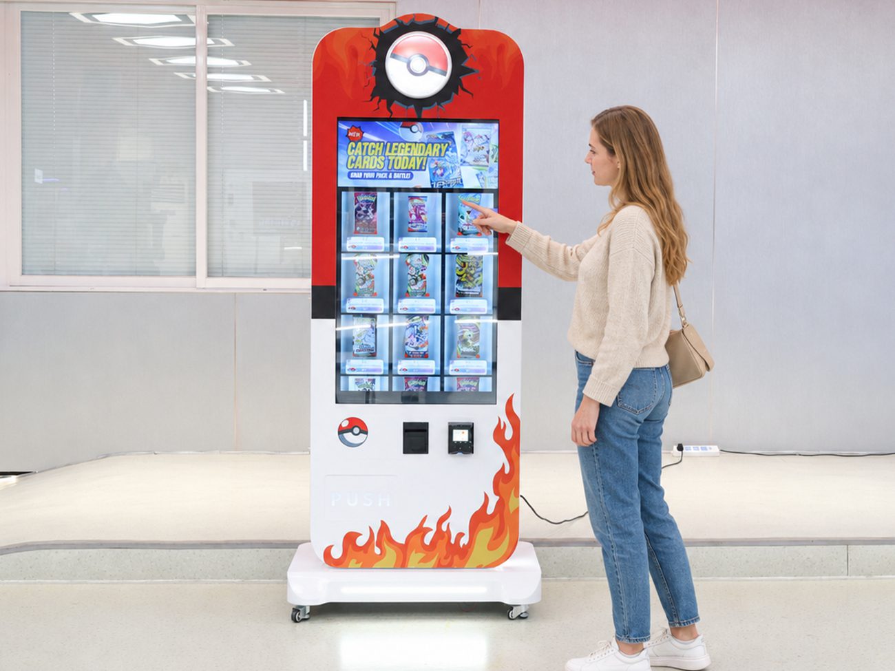 Browse trading cards and TCG products on the 43-inch vending machine touchscreen