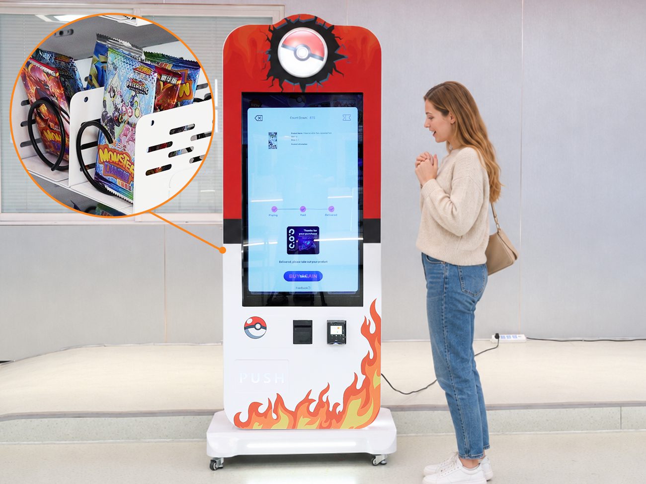 Trading card vending machine automatically dispensing a selected card pack