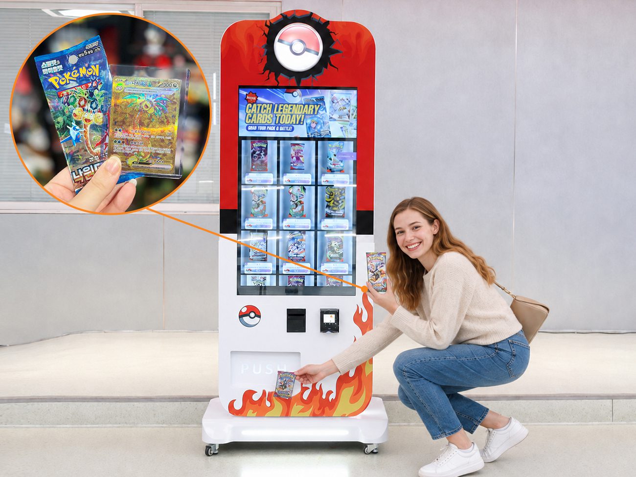 Collect trading cards from the protected cushioned pickup bin