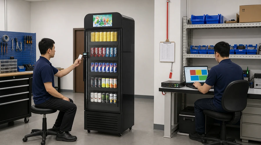 payment technician testing decline reversal and network recovery on an X13 card reader vending setup,máquina expendedora
