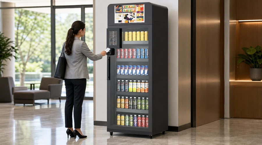Customer using a cashless POS system at a smart cooler vending machine