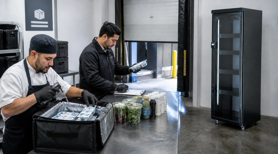 Operator inspecting chilled product seals and date codes before stocking an X12