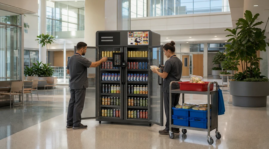 Route operator applying FEFO rotation while restocking an X15 smart cooler
