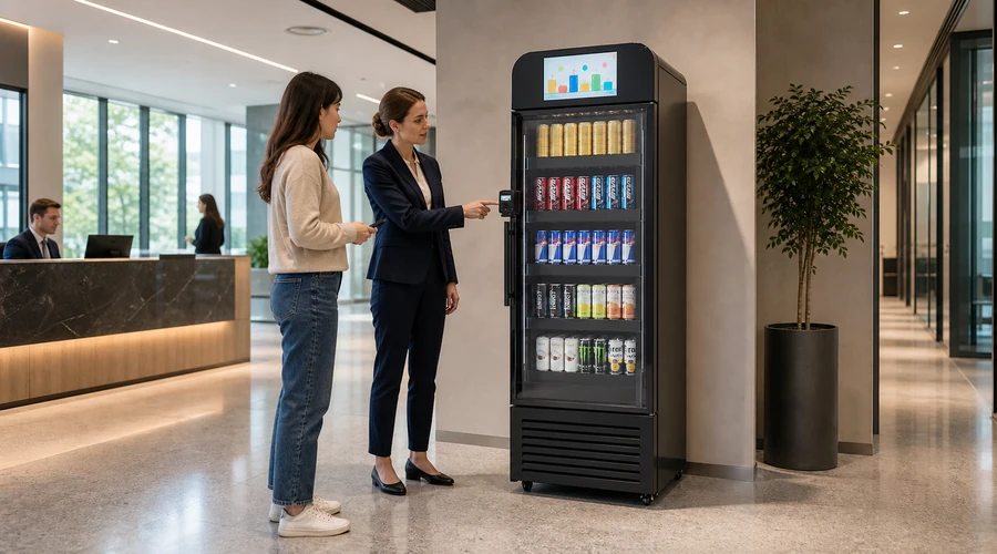 first-time user reading instructions on an X13 self serve vending machine before starting