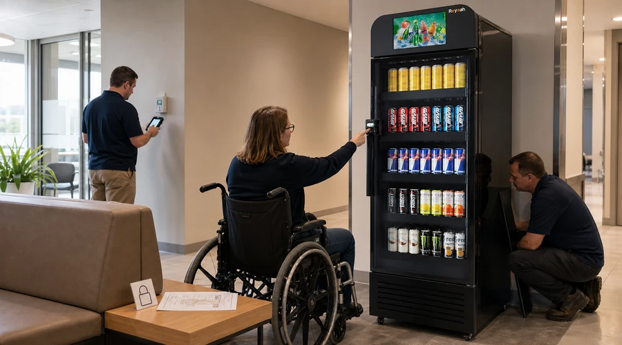 IT and accessibility team reviewing deployment of an X13 kiosk vending machine in a clinic lobby,kiosco de autoservicio