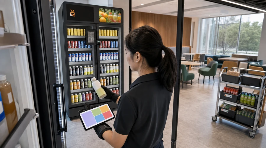 operadora reponiendo y conciliando inventario en un kiosco de autoservicio con equipo X15