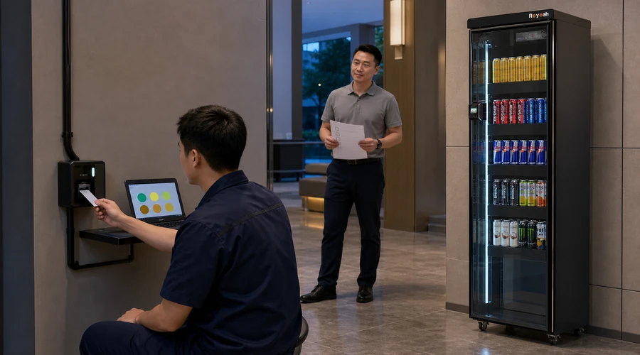 técnico probando recuperación de pagos en un kiosco de autoservicio junto a un gabinete X12