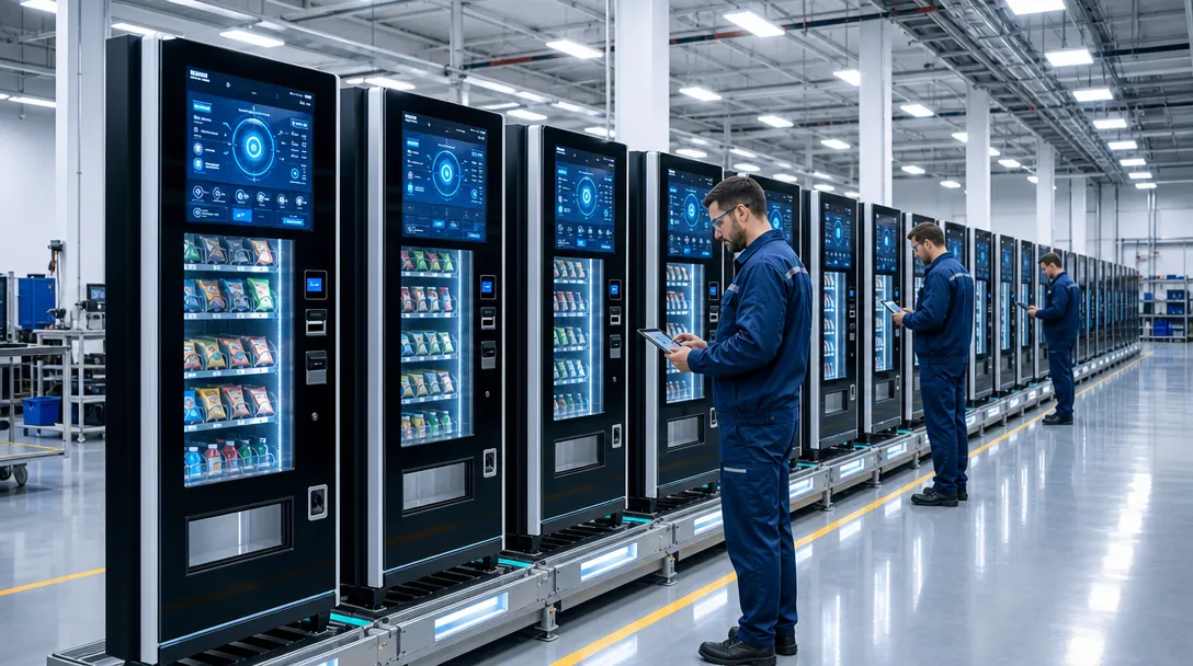 technicians inspecting vending equipment during micro market supplier production and quality review