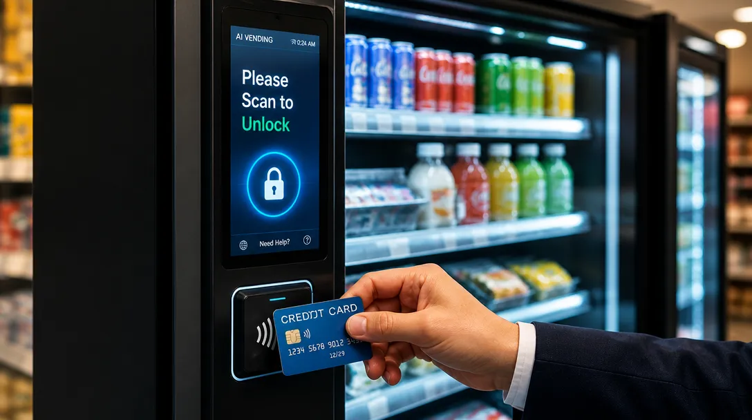 customer using contactless payment on a smart vending machine in a micro market
