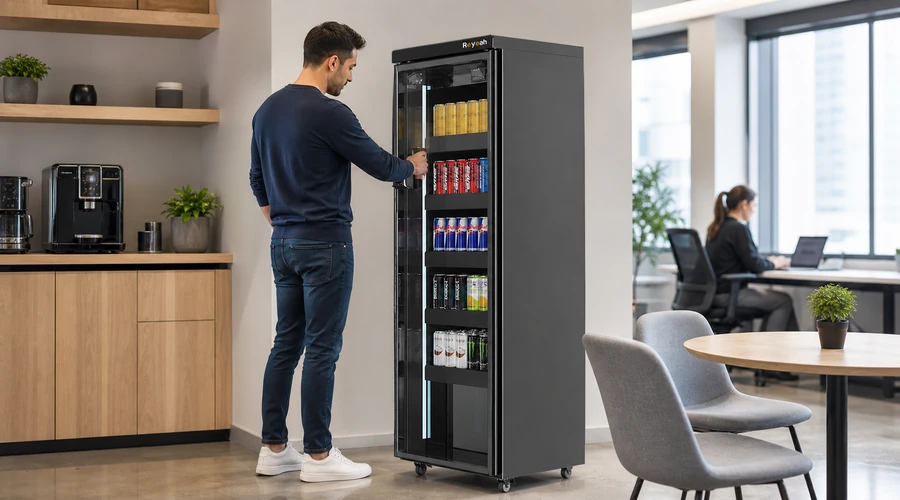 gabinete inteligente de micro vending en una zona de descanso compacta de oficina