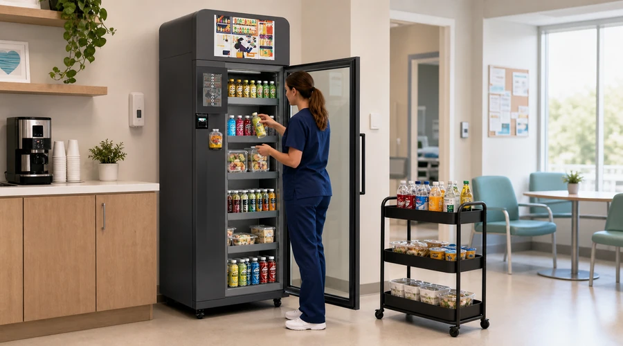 operador reponiendo un gabinete de micro vending mediante datos de inventario
