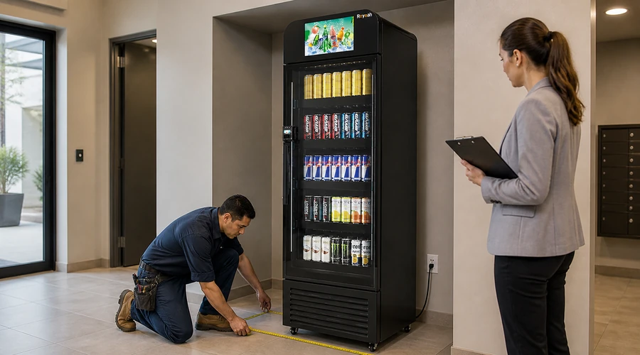 operador midiendo un espacio reducido para instalar equipos de micro vending