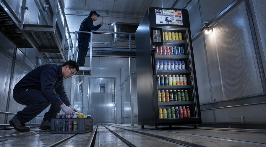 Técnicos probando inventario y refrigeración durante un piloto de máquina para micromarket.