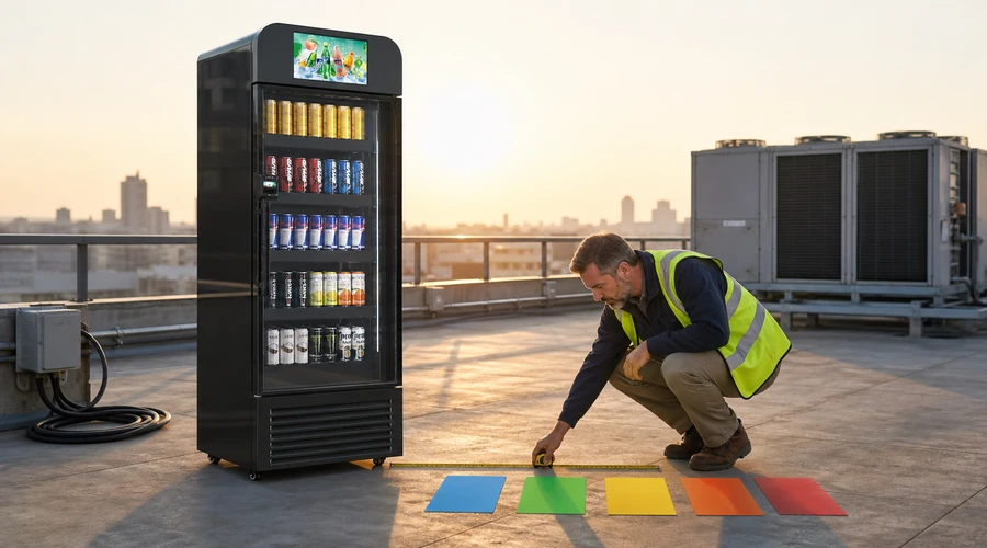 Facility engineer measuring site requirements and planning micromarket machine costs.