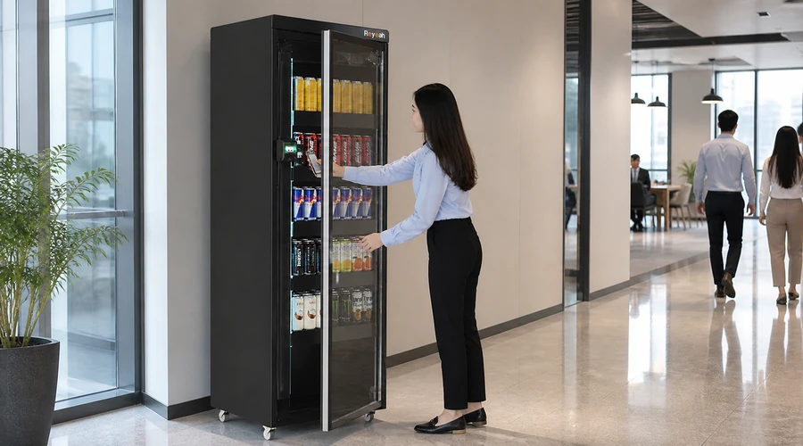 employee tapping a mobile wallet on an X12 vending machine with card reader before opening the door