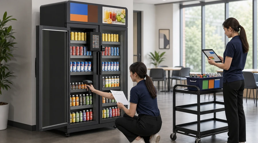 operator reconciling payment transaction logs with inventory while restocking an X15 vending machine