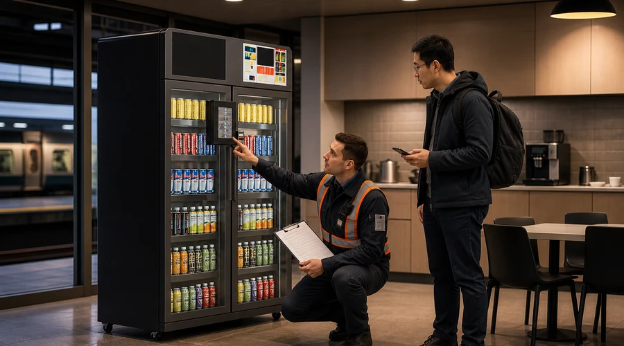 field operator helping a customer resolve a payment and vend status exception at an X15 cashless vending machine,Máquina expendedora
