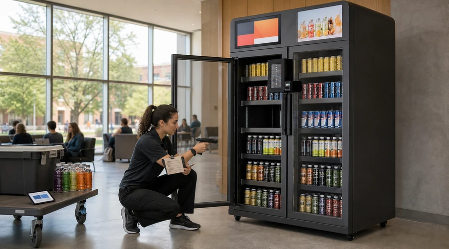 route operator reconciling remote inventory alerts while restocking an X15 smart vending machine,máquina expendedora