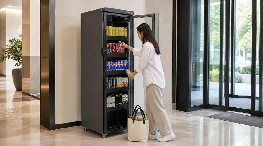 customer taking and returning products during an RFID-free purchase from an X12 smart cabinet