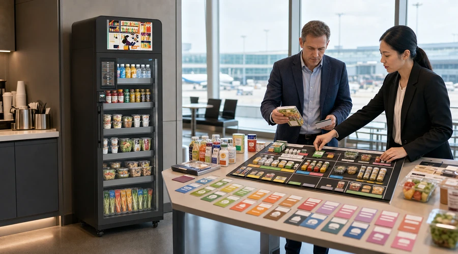 B2B team planning vending products for smart coolers beside an X14 cabinet