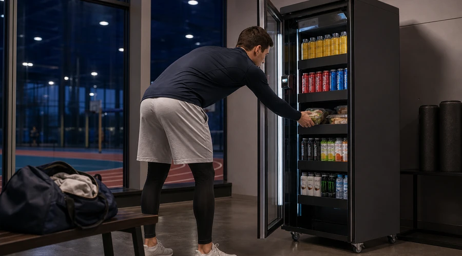 cliente de oficina eligiendo productos refrigerados en una nevera inteligente vending