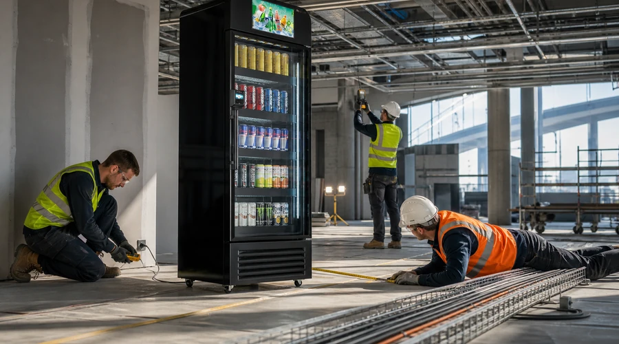 equipo comprobando energía ventilación y conectividad para instalar un smart cooler
