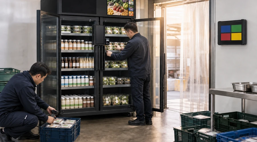 operator restocking a smart cooler and reviewing inventory exceptions on a tablet