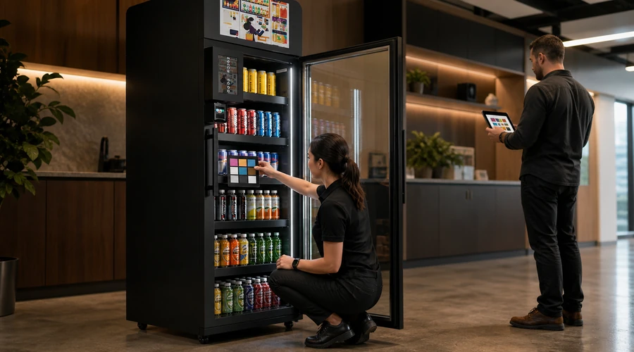 technician calibrating AI vision and shelf lighting in an X14 smart store vending machine