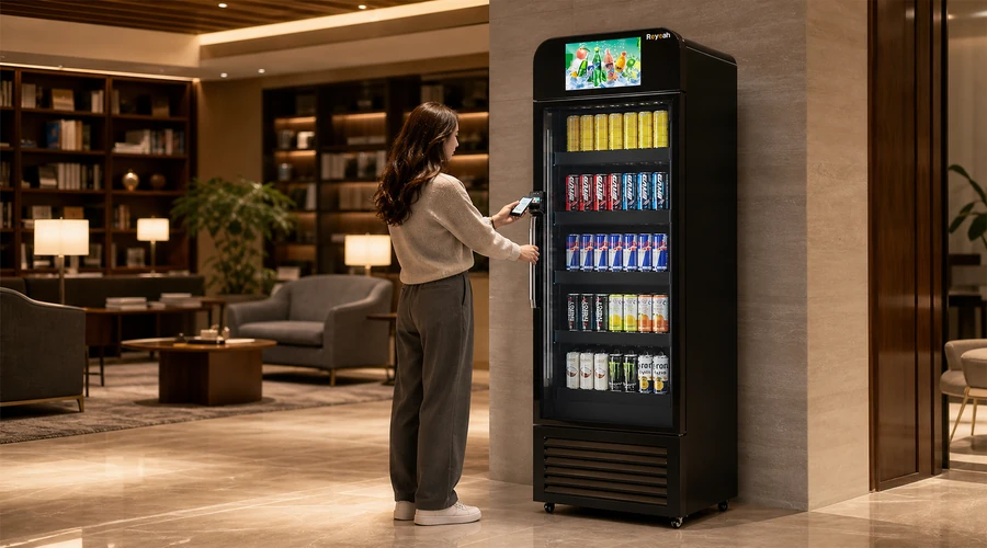 cliente usando una máquina expendedora inteligente con acceso controlado