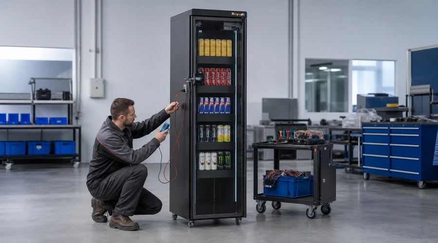 técnico comprobando cableado del lector y compatibilidad con el controlador vending