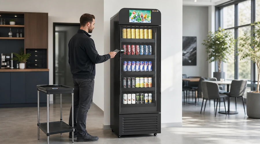 operador probando pagos sin contacto y chip en una máquina expendedora