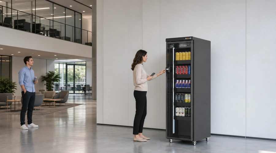 customer using a mobile wallet at an X12 cashless vending machine in a workplace lobby