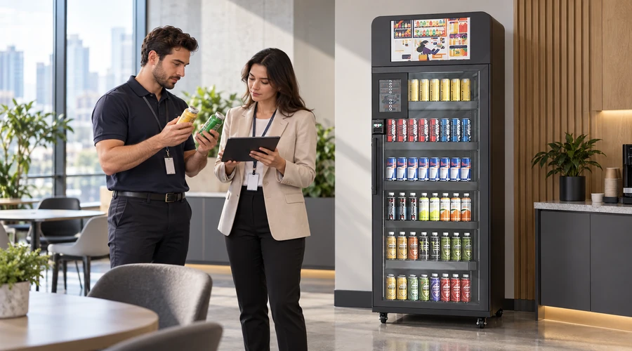 Retail specialist tests the latest vending machine technology with similar packaged drinks at an X14 while an operator reviews an exception