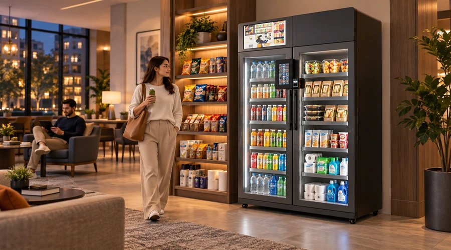 Apartment amenity comparison illustrating what is a micro market and an X15 dual-door smart cooler with resident essentials