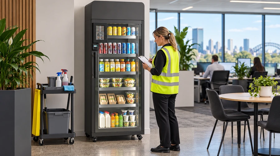 An operations lead reviews chilled assortment, cleaning ownership and a temperature-log template beside an AI smart cooler X14 for a vending machine business plan.