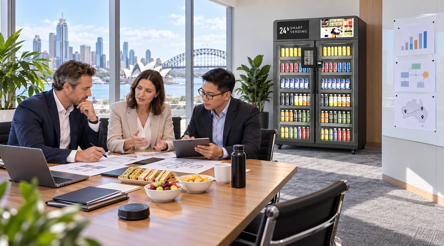 An operator, finance lead and service manager review pilot KPIs, stock records and a scale gate beside a dual-door X15 cabinet for a vending machine business plan.