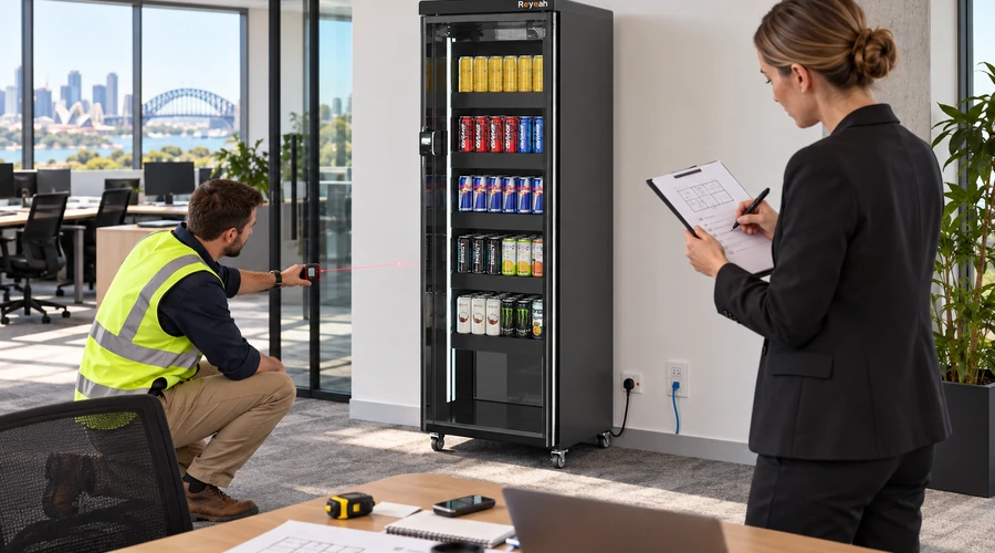 Facilities and procurement managers measuring an Australian vending site and reviewing an X12 smart cabinet business plan