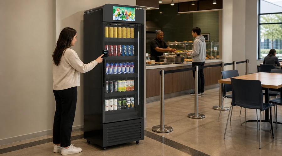 Customer starting an accessible self checkout kiosk transaction in a corporate cafeteria