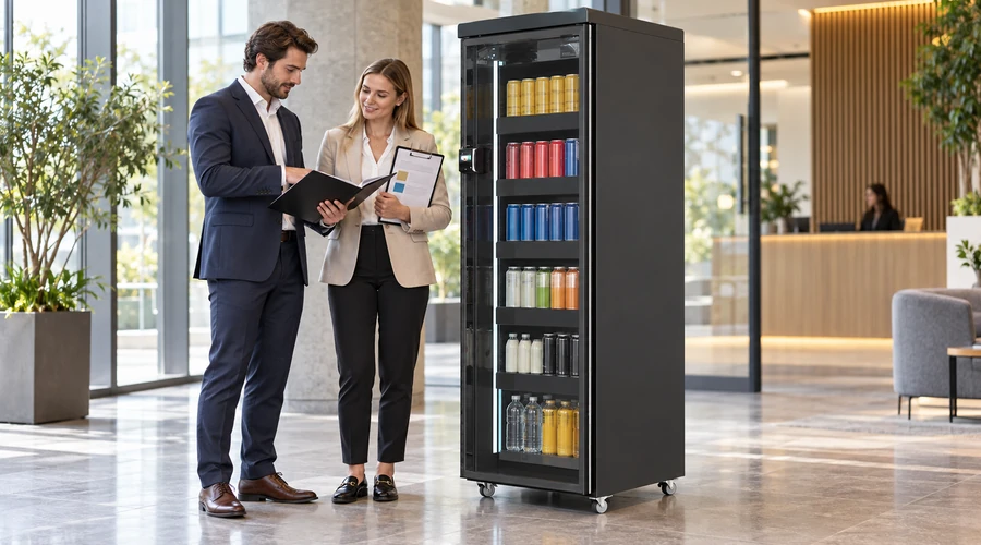 A procurement lead reviews EU importer files and site access beside smart cabinet X12 with sealed ambient snacks for micro market companies.