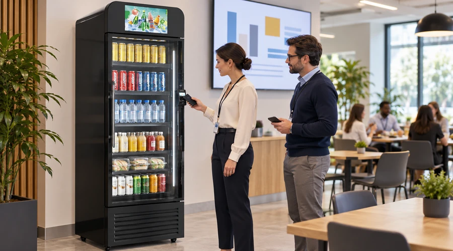 European procurement team testing localized payments on an X13 smart vending machine
