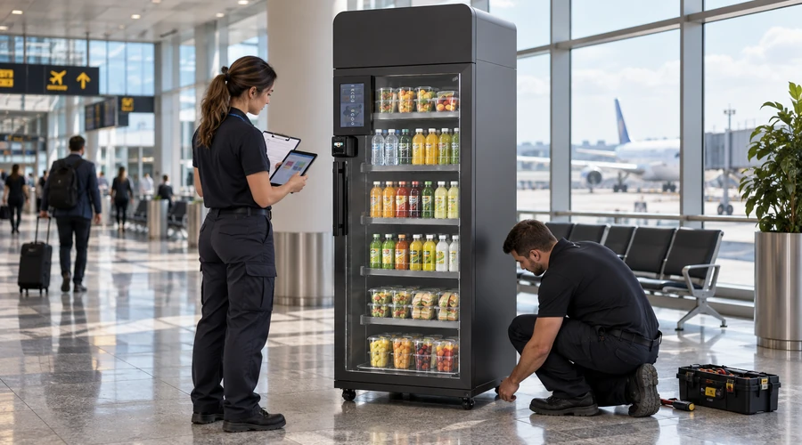 An operations manager audits energy, temperature, language notice and spare parts beside chilled smart cooler X14. micro market companies.