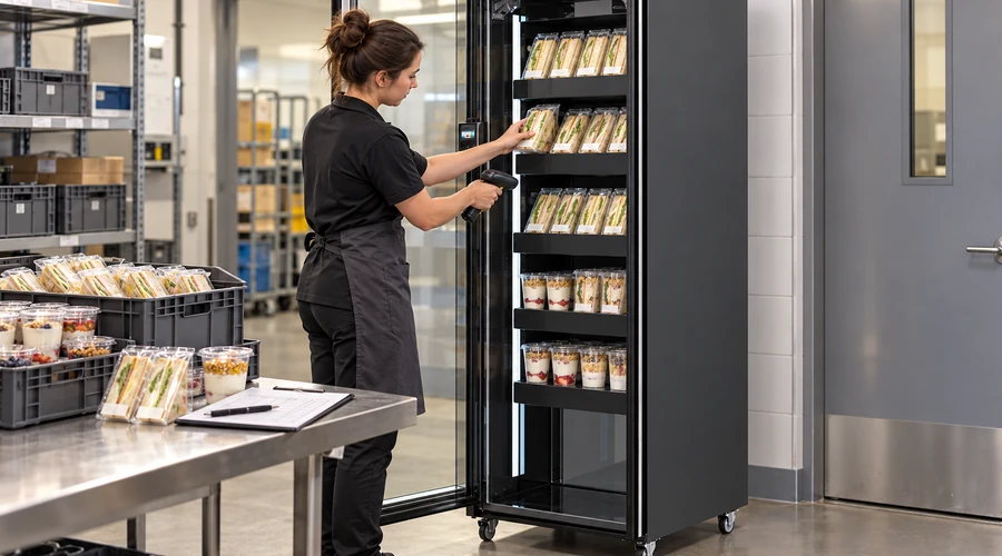 A replenishment worker applies FEFO to date-marked sealed sandwiches and yoghurt beside smart cabinet X12 for micro market kiosks that keep food fresh.